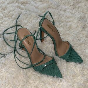 Miss Lola Teal Croc-Embossed Heels